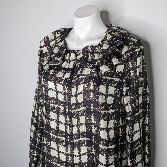 J Crew black brown cream plaid ruffle neck 100% silk button up M - Picture 4 of 8